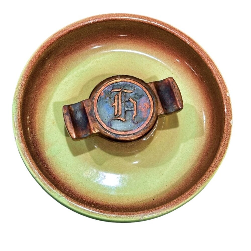 Vintage Roseville Pottery Ashtray 1980 The Hyde Park Green Mid-century Initial H